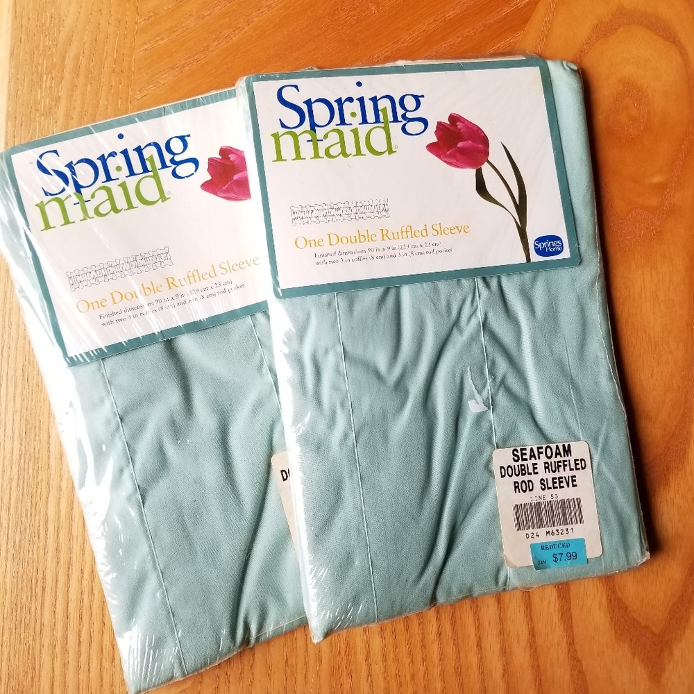 2 SpringMaid Double Ruffled Sleeve Valances Seafoam Green 90" X 9" VTG NOS
